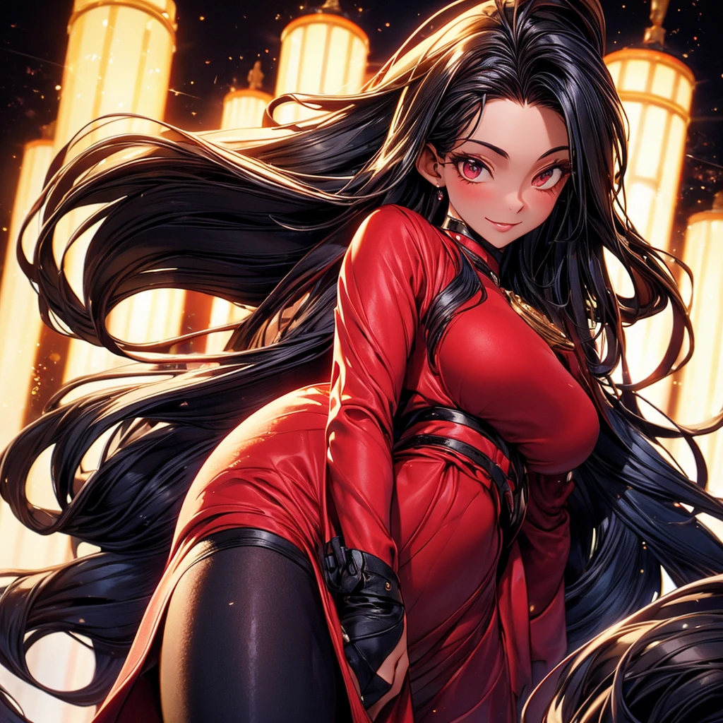 A highly detailed, realistic 3D render of a beautiful woman with long, dark, flowing hair, standing confidently in a luxurious casino setting. She is wearing a tight, shiny red dress with a deep neckline, which reflects the ambient green and dark lighting around her. The atmosphere is vibrant, with poker chips floating in the air, adding a dynamic feel to the scene. The background should be slightly blurred, emphasizing the character in the foreground. The lighting should highlight the glossy texture of the dress and the smoothness of her skin, making her the central focus. The logo "NAGABAJI" should be subtly incorporated into the background or on her dress. The overall mood should be glamorous and captivating, with a hint of mystery.