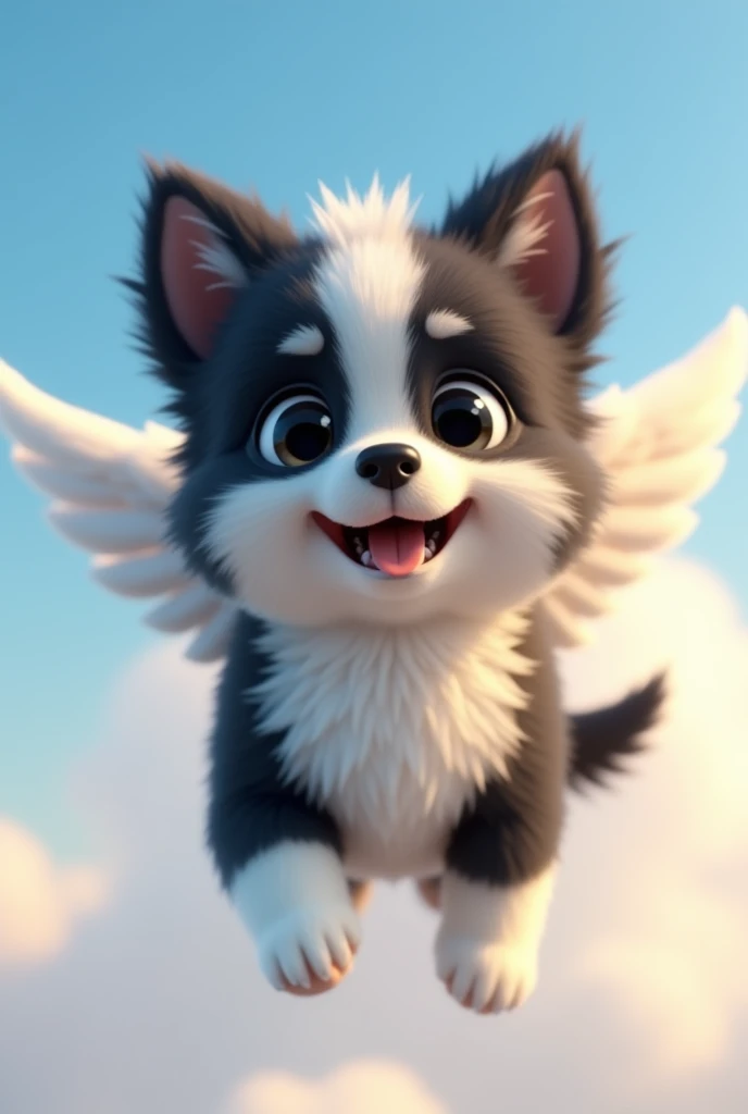 dog character, eyes black, grown-up, hair around the eyes black, white snout, half black body, around the neck, chest and front legs all white, black ears, long snout,  cachorro grande grown-up, comprido, with very short hair, very short coat, with white angel wings, flying with sky and clouds background, animation character, stylized character, animation style rendering, 3d stylized, Arnold Maya rendering, Stylized 3D rendering, toon render screenshot, 3d character, 3d character, Stylized 3D rendering, 3D character rendering, cartoon character, Personagem de close up, character posing,  (Pixar-style) (master part:1.2) (bokeh) (best quality) (skin detailed) (detailed texture) (8k) (Argilla) (cinematic lighting) (sharp focus