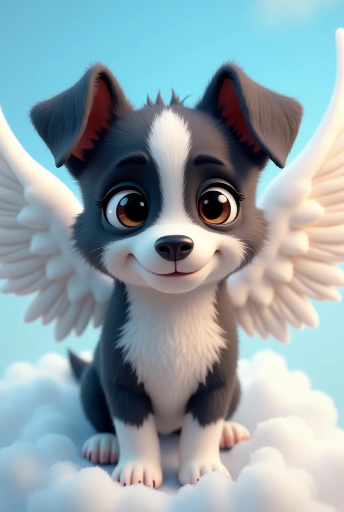 dog character, eyes black, grown-up, hair around the eyes black, white snout, half black body, around the neck, chest and front legs all white, black ears, long snout,  cachorro grande grown-up, comprido, with very short hair, very short coat, with white angel wings, flying with sky and clouds background, animation character, stylized character, animation style rendering, 3d stylized, Arnold Maya rendering, Stylized 3D rendering, toon render screenshot, 3d character, 3d character, Stylized 3D rendering, 3D character rendering, cartoon character, Personagem de close up, character posing,  (Pixar-style) (master part:1.2) (bokeh) (best quality) (skin detailed) (detailed texture) (8k) (Argilla) (cinematic lighting) (sharp focus