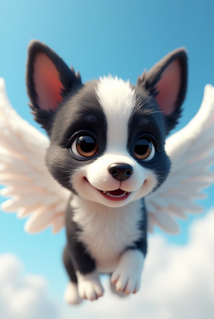 dog character, eyes black, grown-up, hair around the eyes black, white snout, half black body, around the neck, chest and front legs all white, black ears, long snout,  cachorro grande grown-up, comprido, with very short hair, very short coat, with white angel wings, flying with sky and clouds background, animation character, stylized character, animation style rendering, 3d stylized, Arnold Maya rendering, Stylized 3D rendering, toon render screenshot, 3d character, 3d character, Stylized 3D rendering, 3D character rendering, cartoon character, Personagem de close up, character posing,  (Pixar-style) (master part:1.2) (bokeh) (best quality) (skin detailed) (detailed texture) (8k) (Argilla) (cinematic lighting) (sharp focus