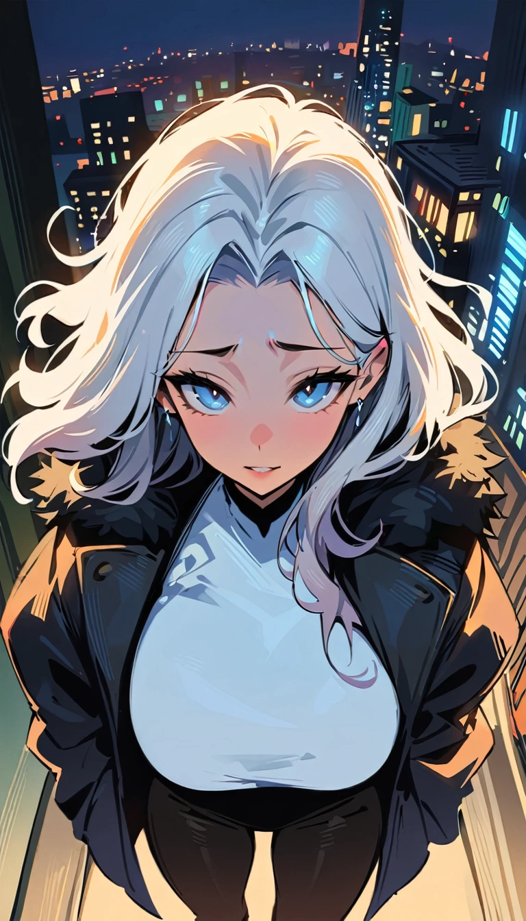 (high quality, 8k, 4K, high contrast, artwork:1.2, high quality, best aesthetics), (centered), ((1 woman)), erotic, sensual, mature body, grown woman, super detailed, beautiful face detailed, beautiful eyes detailed, detailed beautiful mouth, (white hair), (long wavy white hair), (blue eyes), (black eyeliner), (black eyeshadow), (sadness expression), (plain white shirt), (black thick winter coat), (long black jeans), (standing), (front view), (looking at the viewer), (piercing gaze), (on top of a building with a city in the background), (night), (big breasts)