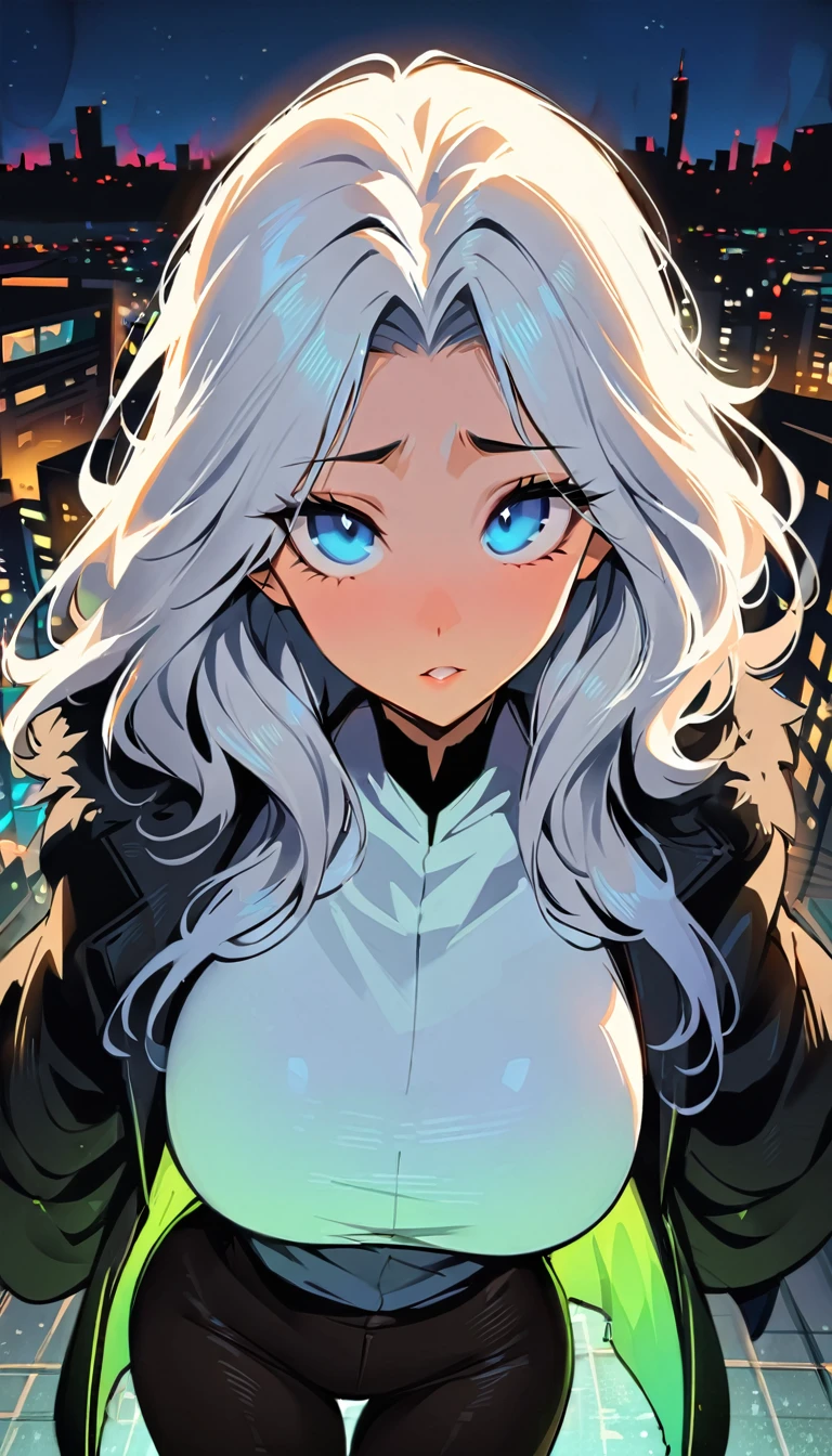 (high quality, 8k, 4K, high contrast, artwork:1.2, high quality, best aesthetics), (centered), ((1 woman)), erotic, sensual, mature body, grown woman, super detailed, beautiful face detailed, beautiful eyes detailed, detailed beautiful mouth, (white hair), (long wavy white hair), (blue eyes), (black eyeliner), (black eyeshadow), (sadness expression), (plain white shirt), (black thick winter coat), (long black jeans), (standing), (front view), (looking at the viewer), (piercing gaze), (on top of a building with a city in the background), (night), (big breasts)