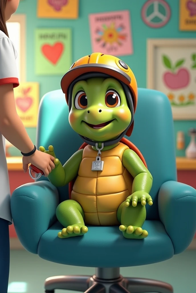 A turtle with a bicycle helmet on its head, sitting in a hospital chair, donating blood, 2D format, animated cartoon.