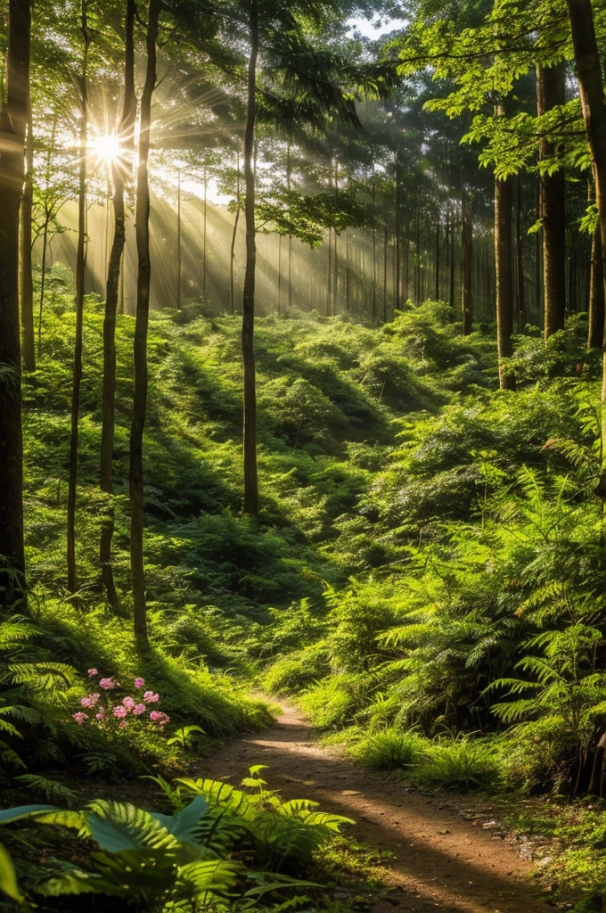 a very dense forest with rays of sunlight and lots of varied vegetation with flowers