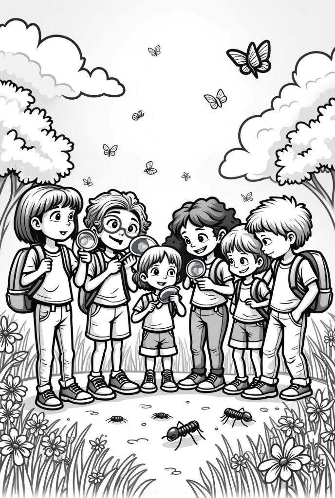 Black and white coloring picture for children Back to school theme Children observing insects with a magnifying glass and having fun