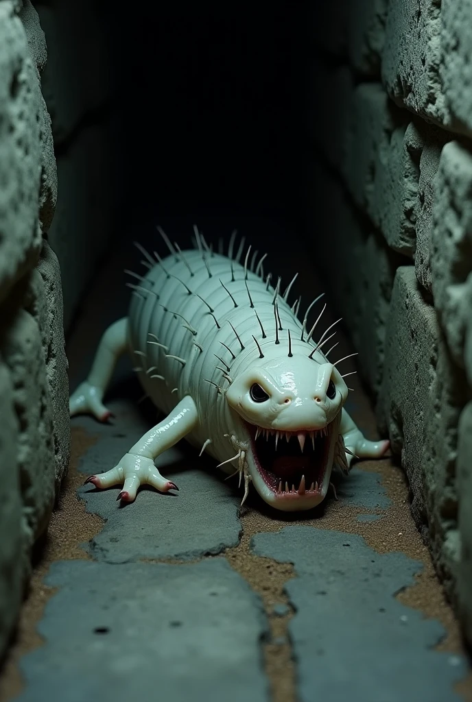 a disgusting and terrifying realistic white larva , with tiny black hairs, a mouth with tentacles, no eyes. Stone floor.