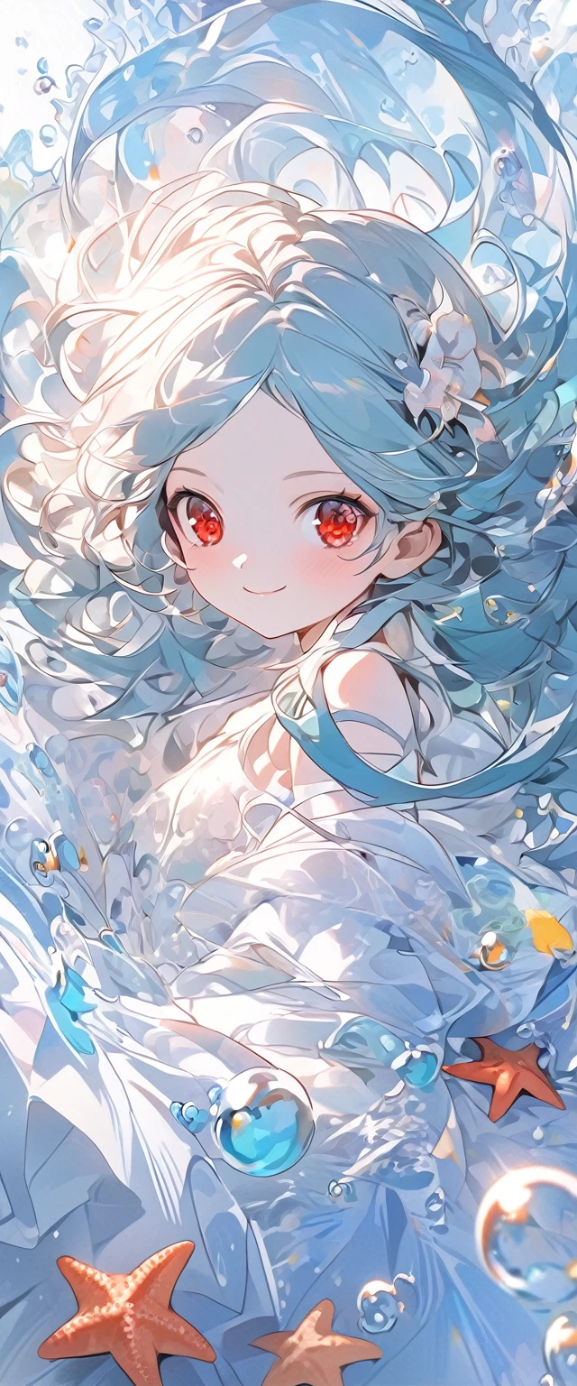 Masterpiece, high definition, 4K, 8K, anime girl, long hair, turquoise hair, red eyes, cute anime girl, smiling face, ((starfish)), fractal art, Gwaiz, seabed, surrounded by music notes and bubbles