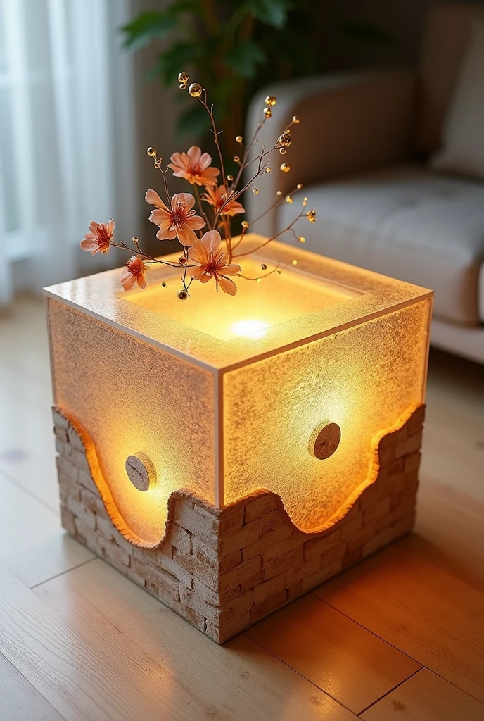Small and simple, this handcrafted square small table features a clear acrylic glass top that creates a simple visual effect similar to a deep well thanks to the warm golden LED lighting.. The sides are made of high-quality MDF wood covered with 3D wallpaper that reflects the look of natural brick.. The table is decorated with simple decorations such as artificial flowers and golden ornaments made of light materials.. The table is placed on a light wooden floor, adding a touch of simplicity and modernity.. The design combines elegance and economy, making it suitable for any home.