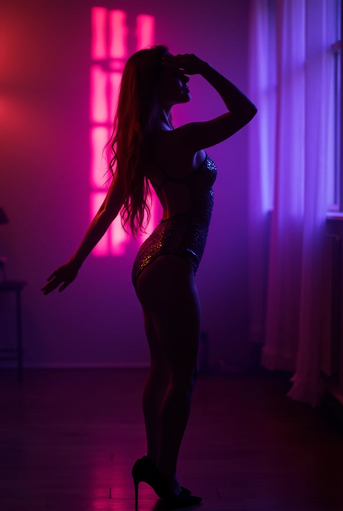 Sensual dancing woman in a dark room with purple and red lights