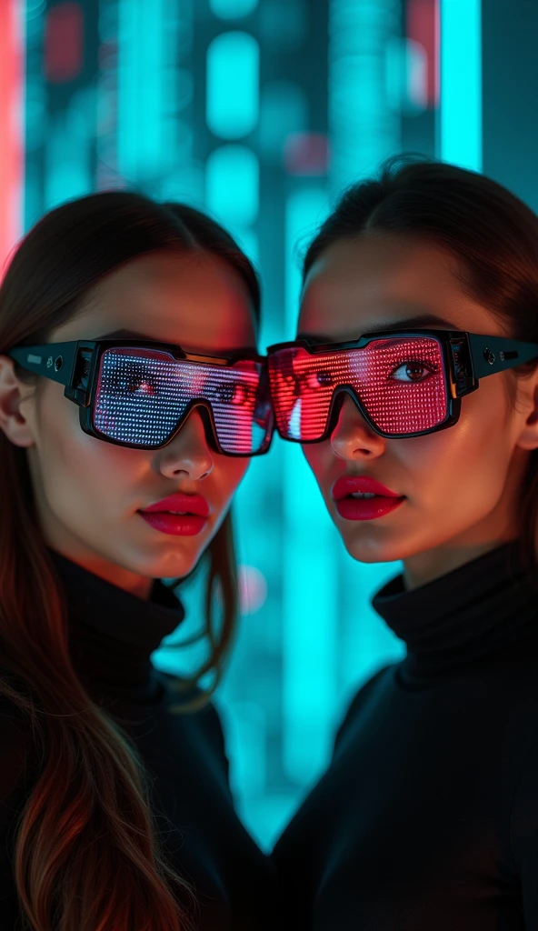 (masterpiece:1.2,Distinguished Quality,Cinematic Experience),8k,Wallpaper,ray tracing,(women),They are standing full body,(美しいwomen,sexy),(Wearing futuristic cyber glasses:2.0,Data displayed on the glasses in matrix mode:2.0,Detailed drawing of the glasses:2.0),(A face with attention to detail.,detailed skin texture,beautiful skin),(looking to the camera),(Forehead),(close up of body posing:2.0),(Server crash:2.0),(The background is a wall of computational data:2.0),(bright lips:1.5)