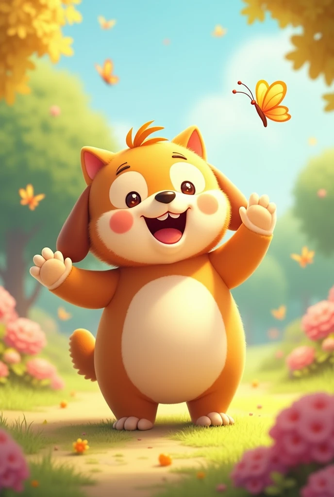 Anthropomorphic fluffy fat dog character　,Smiling face