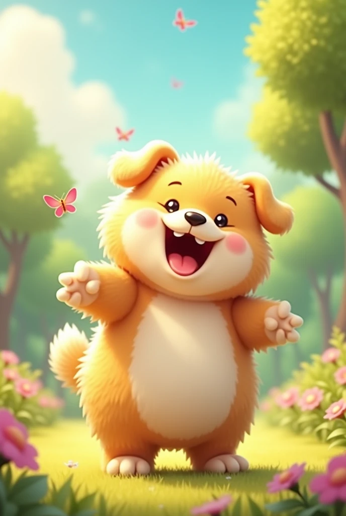 Anthropomorphic fluffy fat dog character　,Smiling face