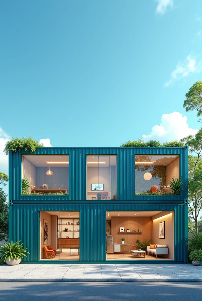 Create a promotional image with these characteristics 
**Promotional Image Concept:**

1. **fund:** A modern urban environment with a clear sky.
2. **Container Principal:** A stylized container, centralized, with a clean and attractive facade. Use vibrant colors like blue or green.
3. **Diversified Uses:** Divide the container into visible sections, each showing a different use:
   - **desk:** With a modern table and chairs, laptop e planta.
   - **retail store:** Display products and a simple storefront.
   - **residence:** Create a cozy atmosphere with furniture and decor.
4. **texto:** Overlay the image with the slogan: "Transform your spaces with Container Solutions – Versatility, efficiency and sustainability within your reach