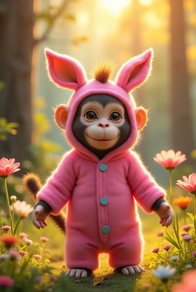 Monkey dressed in pink one-piece donkey pajamas with ears