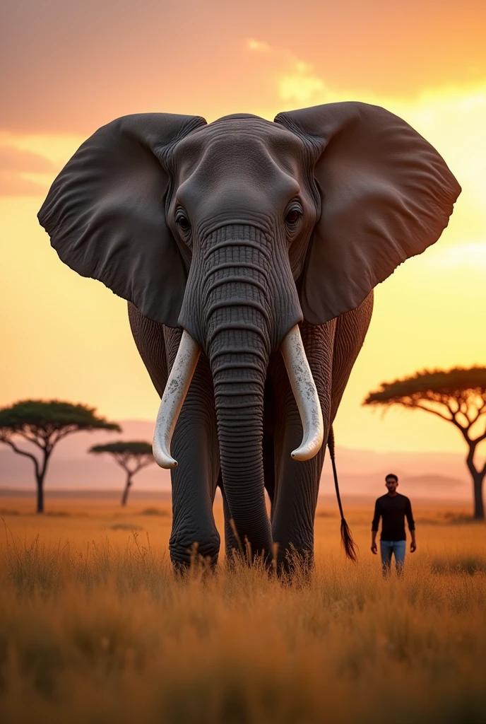 
The image shows a colossal and majestic elephant in a golden savannah at dusk. The elephant has a wrinkled, gray skin, with long, curved tusks that gleam in the light of the setting sun. Your eyes are big and expressive, deep brown, radiating an aura of wisdom and tranquility. His ears are huge and are partially open., as if capturing the distant sounds of the savannah.

The surrounding landscape is a vast savannah plain, with tall grasses gently swaying in the wind and a few acacia trees scattered in the distance. There is a human figure walking in the distance, highlighting the imposing size of the elephant in comparison. The atmosphere is calm and serene, with the sky tinted orange and pink by the sunset. The soft light illuminates the elephant, highlighting the textures of its skin and the grandeur of the creature amidst the immensity of the African savannah.