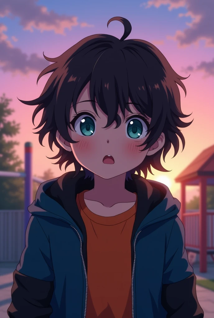 child, like 11 years old, dark brown wavy hair, medium long and has curls at the ends, turquoise eyes, He wears an orange shirt and a navy blue jacket with black sleeves., He also wears a hood that covers his face a little., the boy is sad, almost crying. anime style.
