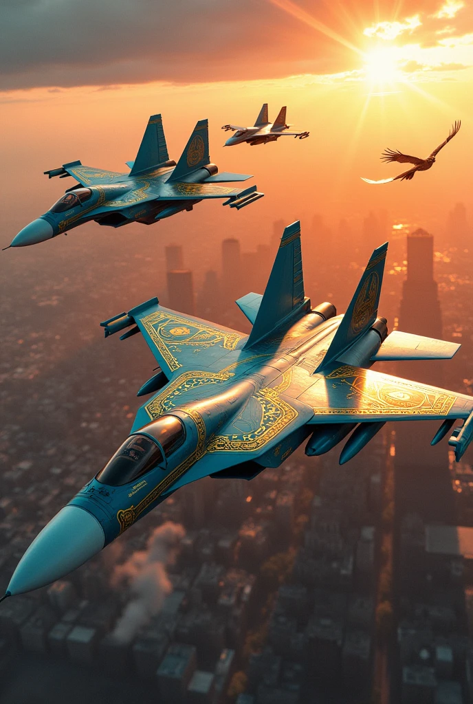 3 SU 27 aircraft seen from the side with Aztec Empire motifs, 3 pilots standing side by side in modern armor with pre-Hispanic Mayan and Aztec motifs, Aztec city in the background and eagles flying

