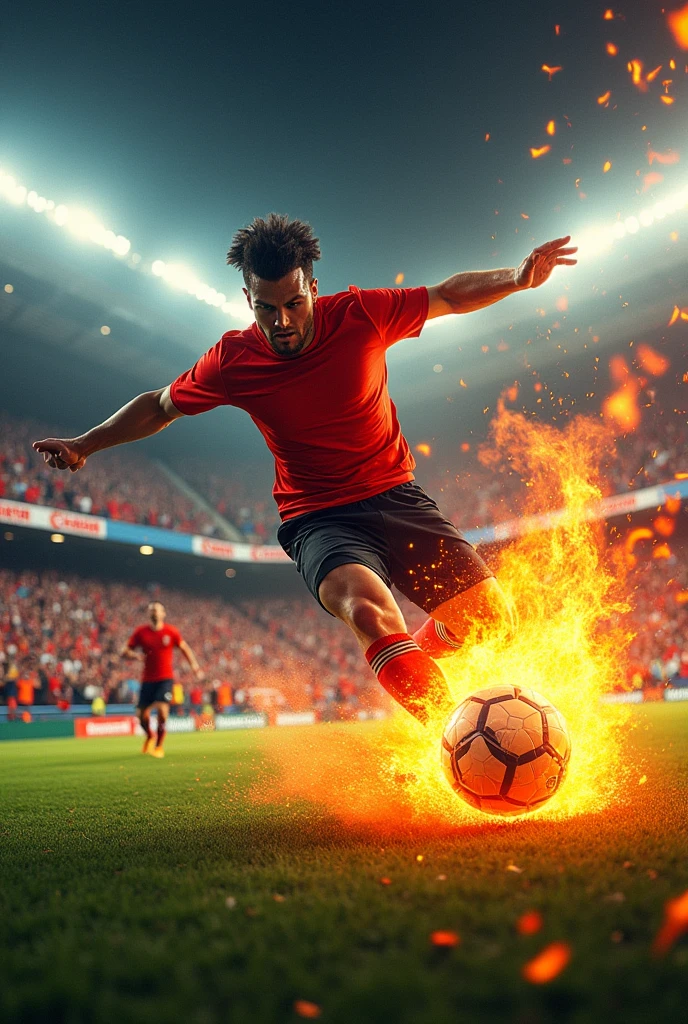 A soccer player kicking the fire ball