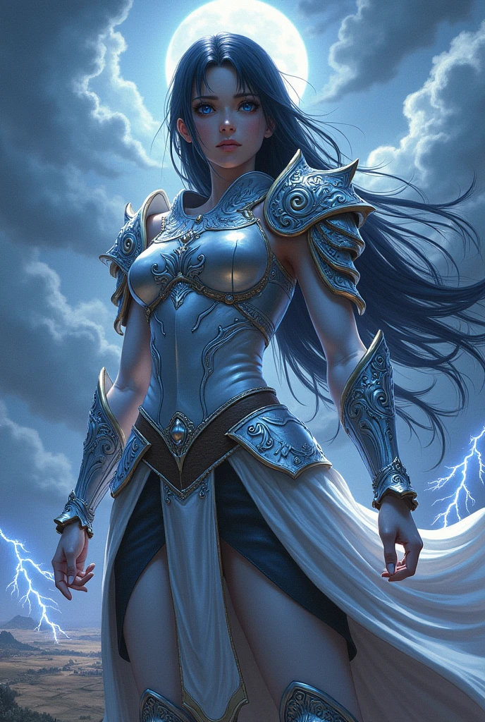 Kaome Higurashi a brave and beautiful warrior who wears a silver armor, black hair, blue half and turgid body