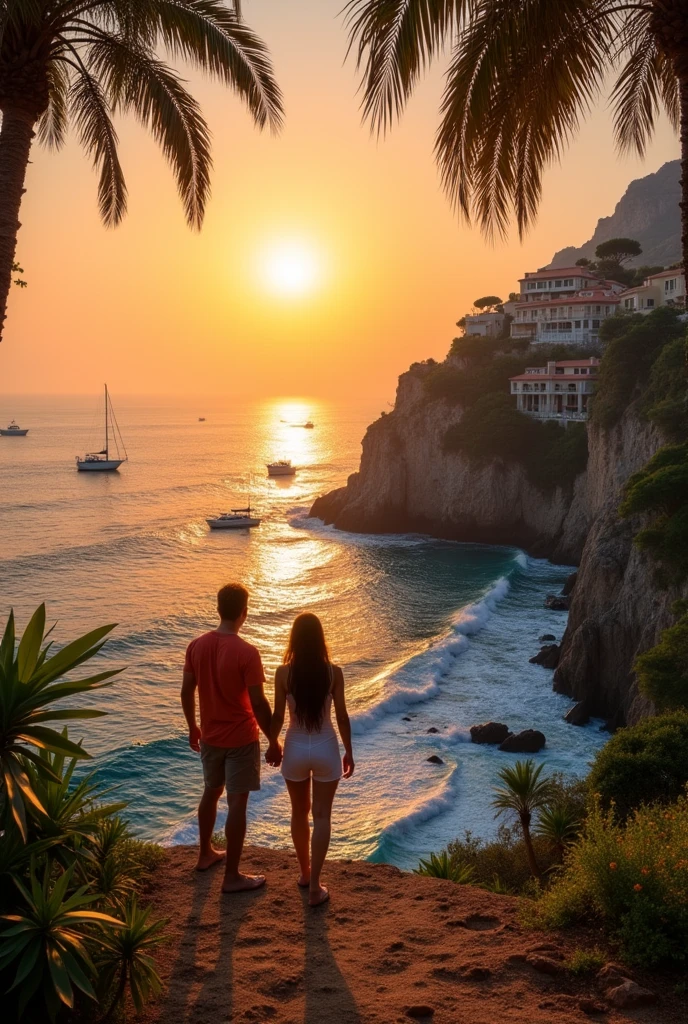 A vibrant sunset scene on a picturesque coastal cliffside, where a couple is standing hand in hand, overlooking the ocean. The sun is large and bright, casting a golden-orange hue over the sky and reflecting a shimmering path of light on the water. The couple, wearing summer clothing, is gazing at the view. Below, waves gently crash against the rocky cliffs, and several small boats and sailboats can be seen in the water. Luxurious villas are perched on the cliffs, surrounded by lush greenery, and the scene is framed by palm leaves and tropical plants. The atmosphere is peaceful and romantic, with a sense of adventure in the scenic landscape.