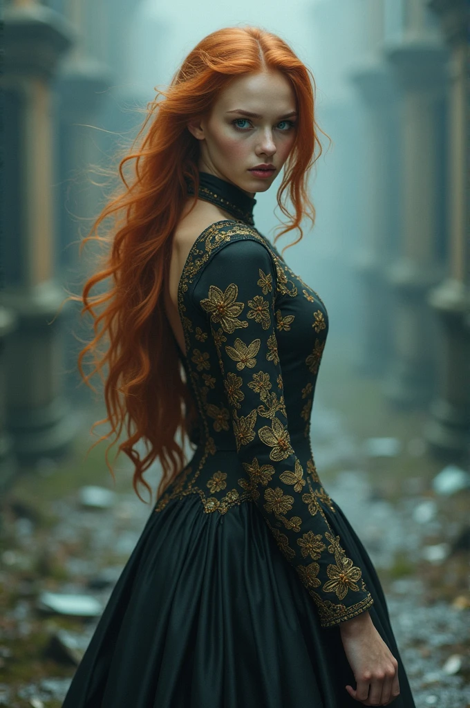 (solo, full body photo:1.3), (action packed:1.3), (haze, fog, mist:1.3), chiaroscuro, best quality, photorealistic, 1woman, (cute), (24yo:1.2), redhead, long ginger hair highly detailed, 1700'S, digital photography, art by artgerm and ruan jia and greg rutkowski surreal painting gold butterfly filigree, broken glass, (masterpiece, sidelighting, finely detailed Fashionable eyes: 1.2) (perfect oval large eyes that gazes at the viewer), beautiful detailed face, blue gorgeous perfect eyes, (blonde hair ponytail), (attractive young woman:1.3), (thick amazing hair), (seductive:1.1), (blushing:1.1)