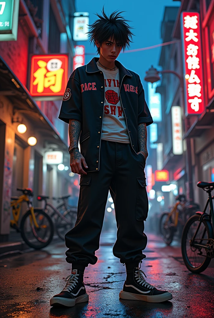 Me crie uma PESONAGEM de Tokyo Revengers, com um uniforme de lider de gangue escrito avenging angels 

