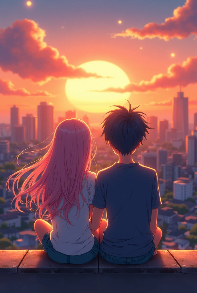 anime couple sitting on a rooftop watching the sunset, watching the sun set. anime, lofi artstyle, anime background art, anime style cityscape, beautiful anime scene, lofi art, in style of makoto shinkai, 4 k manga wallpaper, makoto shinkai cyril rolando, hd anime cityscape, ilya kuvshinov landscape, 4k anime wallpaper