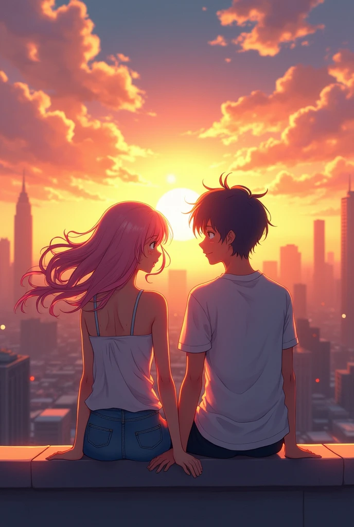 anime couple sitting on a rooftop watching the sunset, watching the sun set. anime, lofi artstyle, anime background art, anime style cityscape, beautiful anime scene, lofi art, in style of makoto shinkai, 4 k manga wallpaper, makoto shinkai cyril rolando, hd anime cityscape, ilya kuvshinov landscape, 4k anime wallpaper