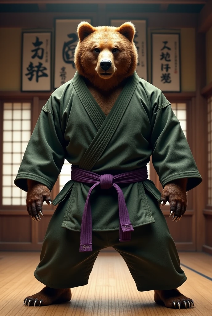 "A hyper-realistic image of an aggressive brown bear in a traditional Japanese dojo.. The bear is wearing a military green jiu-jitsu kimono jacket and pants.., with a purple belt (Range) tied around his waist judoka style, with four stripes (degrees) On the belt. The bear's fur is detailed and textured., and his stance is powerful and intimidating, With visible sharp claws and a fierce expression.. The dojo is traditional, with wooden floors, shoji screens, and martial arts banners hanging on the walls.. The lighting accentuates the bear's muscular build and the intense atmosphere of the dojo...", "Size": "1024x1024"