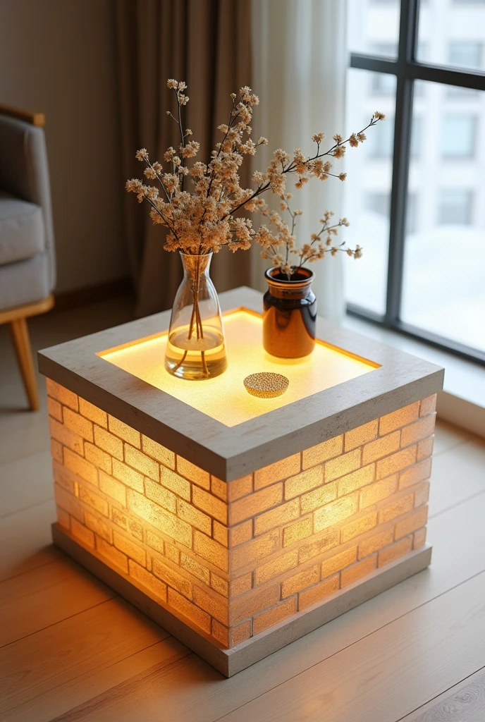 Small and simple, this handcrafted square small table features a clear acrylic glass top that creates a simple visual effect similar to a deep well thanks to the warm golden LED lighting.. The sides are made of high-quality MDF wood covered with 3D wallpaper that reflects the look of natural brick.. The table is decorated with simple decorations such as artificial flowers and golden ornaments made of light materials.. The table is placed on a light wooden floor, adding a touch of simplicity and modernity.. The design combines elegance and economy, making it suitable for any home.