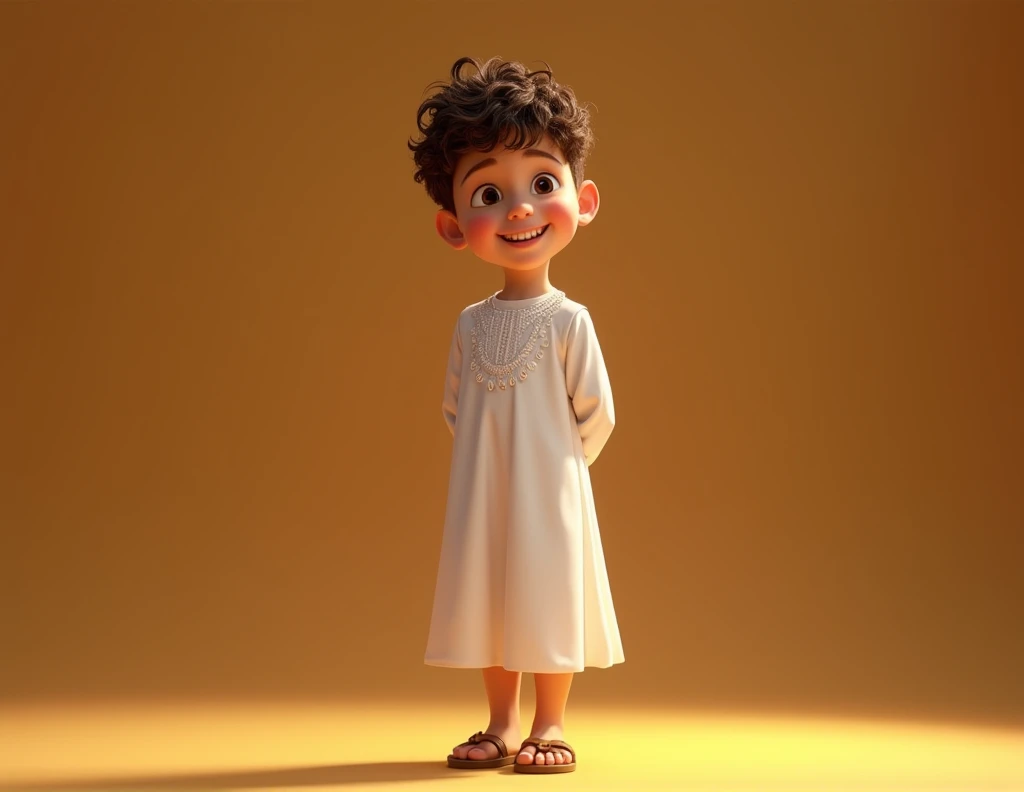 a young jew, Full-body image, , Pixar-style, Caucasian skin, short curly hair, wearing a white Jewish dress, jewish sandal, happy and welcoming expression, detailed facial features, complex clothing folds, warm lighting, film composition, rewarded photography.