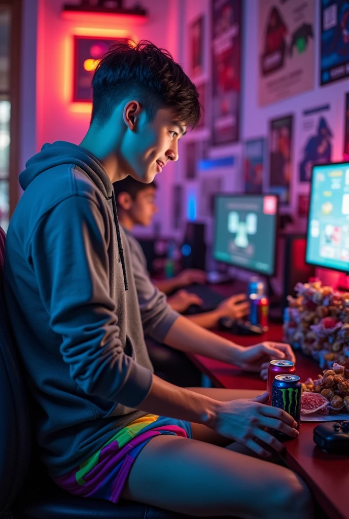 Man taking off his gamer friend&#39;s underwear