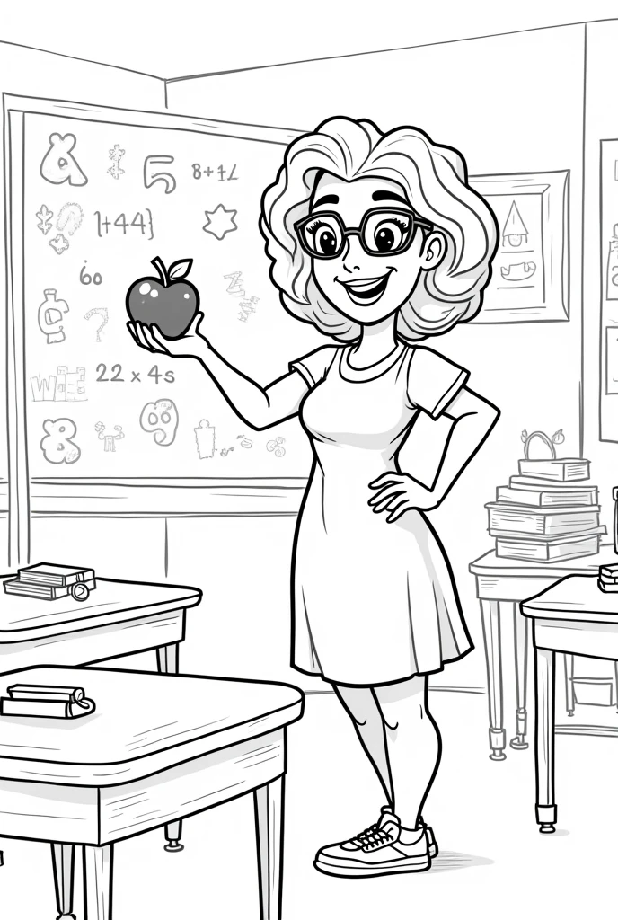 Black and white coloring picture for children Back to school theme Teacher with an apple in a classroom