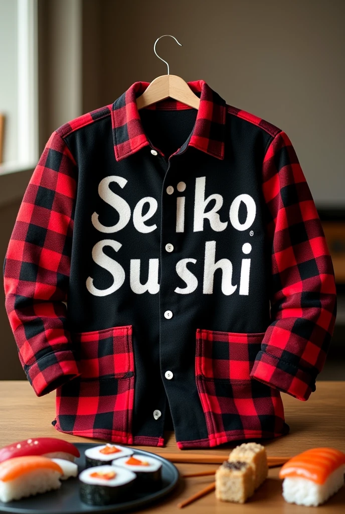 Sublimated flannel, Color (black with red) and white letters that say Seiko Sushi