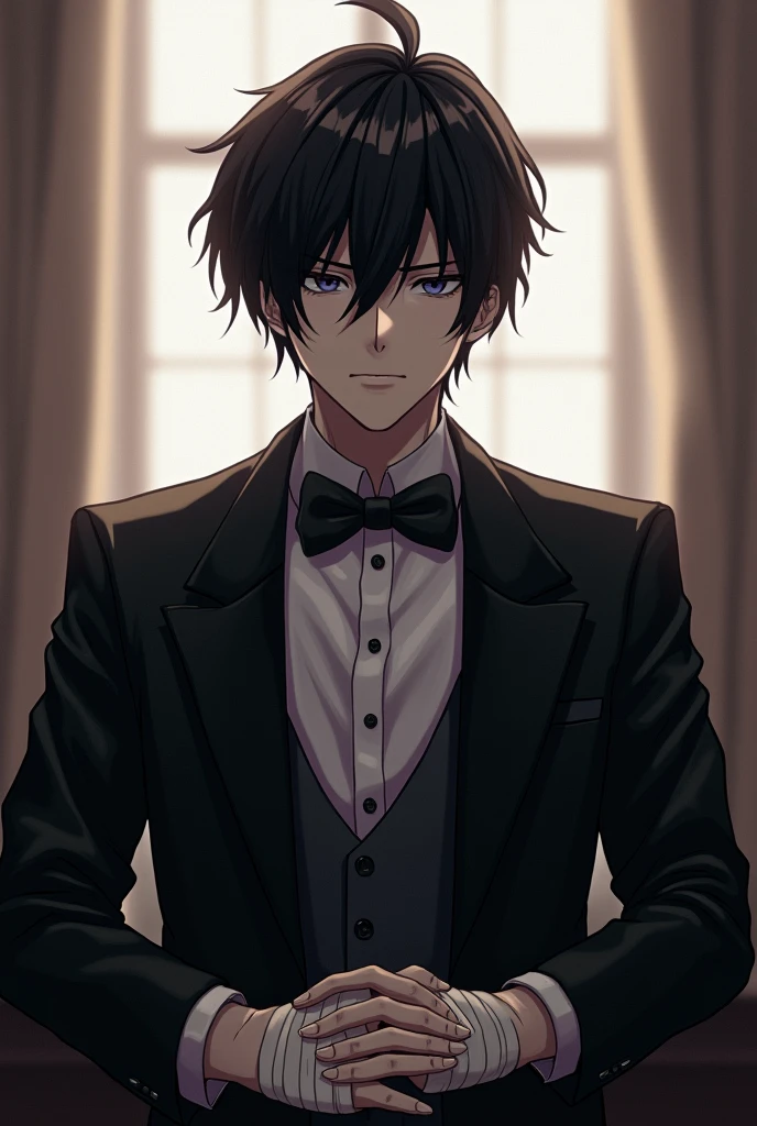 Anime guy. Indifferent. Portrait. Tuxedo. Bandages on hands.