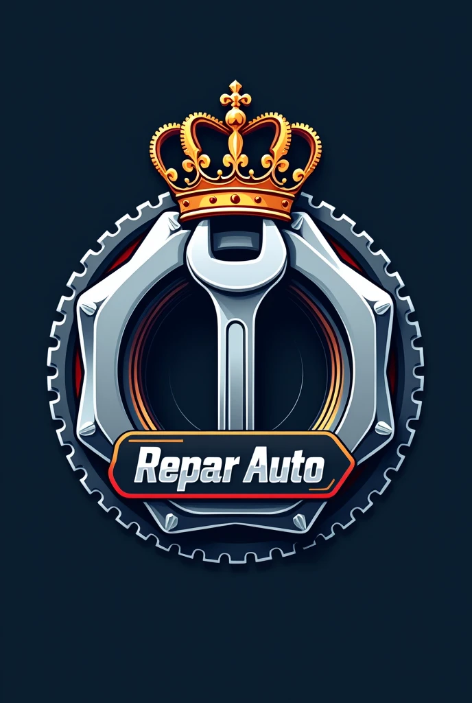 A logo of an automotive workshop 
, and its logo is a nut with a crown on top and a wrench in the center and it is called ReparAuto 