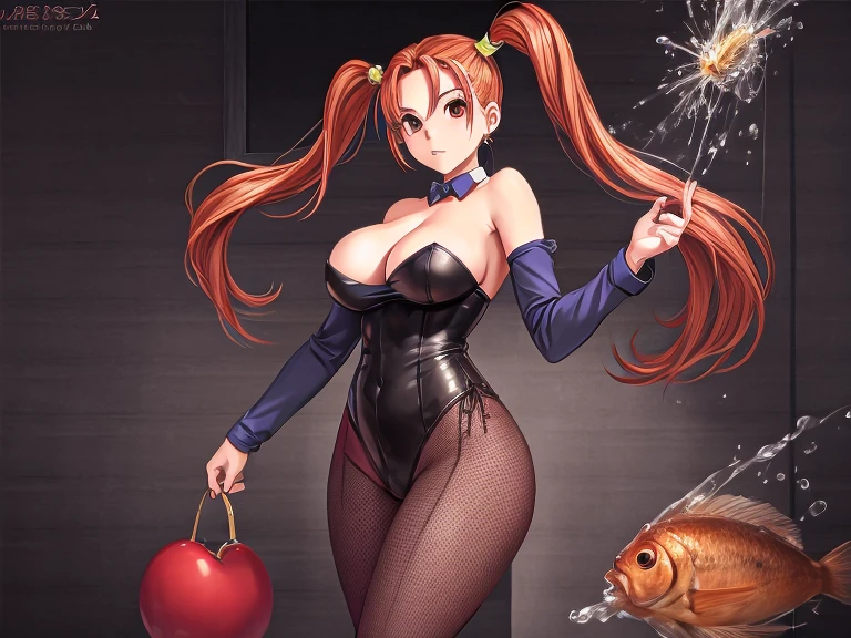Jessica, with her large breasts, beautiful legs, and twintails, is standing in a black high-cut bunny suit and fishnet stockings.。