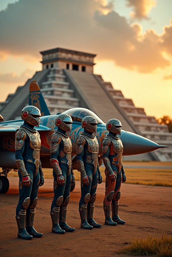 3 SU 27 aircraft seen from the side with Aztec Empire motifs, 3 pilots standing side by side in modern armor with pre-Hispanic Mayan and Aztec motifs, Aztec city in the background 

