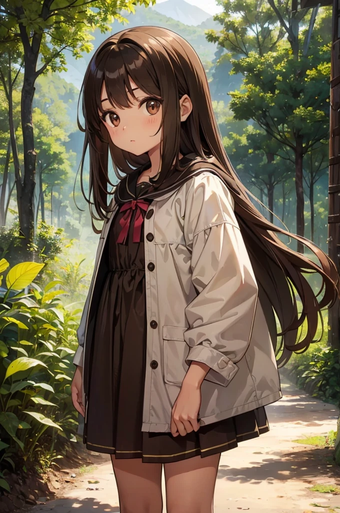 sofia (9 year old girl, brown long and straight hair, fair skin and brown eyes) in a village with a forest in the background. Mostre sofia com uma expressão de curiosidade e um livro de histórias nas mãos.