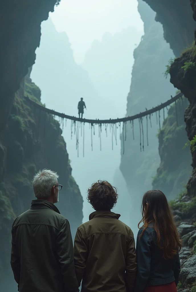 A group of 3 scientists, an old man, a young man and a woman with loose hair, .all with their backs to the edge of a mountain cave connected to an old and unstable wooden bridge that they have to cross and the environment is foggy