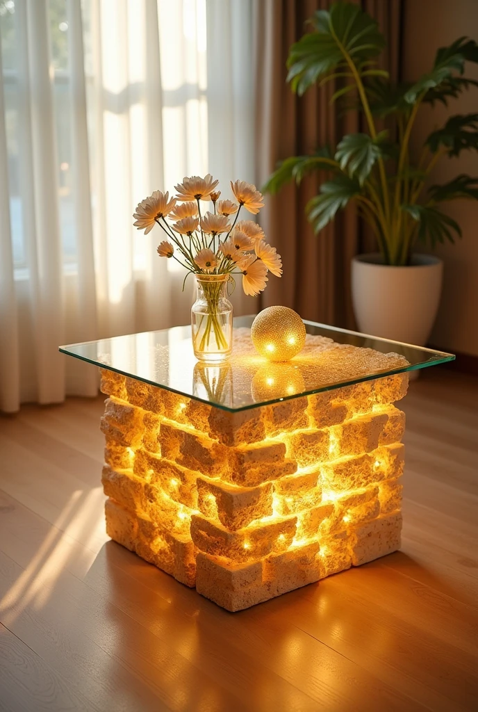 Small and simple, this handcrafted square small table features a clear acrylic glass top that creates a simple visual effect similar to a deep well thanks to the warm golden LED lighting.. The sides are made of high-quality MDF wood covered with 3D wallpaper that reflects the look of natural brick.. The table is decorated with simple decorations such as artificial flowers and golden ornaments made of light materials.. The table is placed on a light wooden floor, adding a touch of simplicity and modernity.. The design combines elegance and economy, making it suitable for any home.