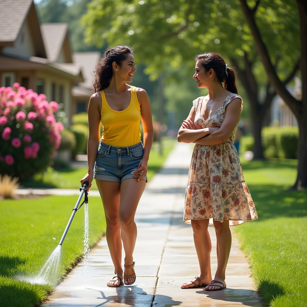 A Latina lady washes the sidewalk with a hose and another Latina lady stands with her arms crossed next to her with a disapproving expression. 



