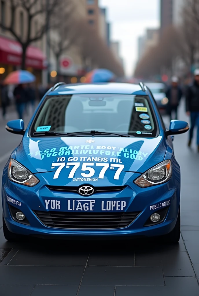 Create image of medium car stickered for policy with number 77577 in blue tones