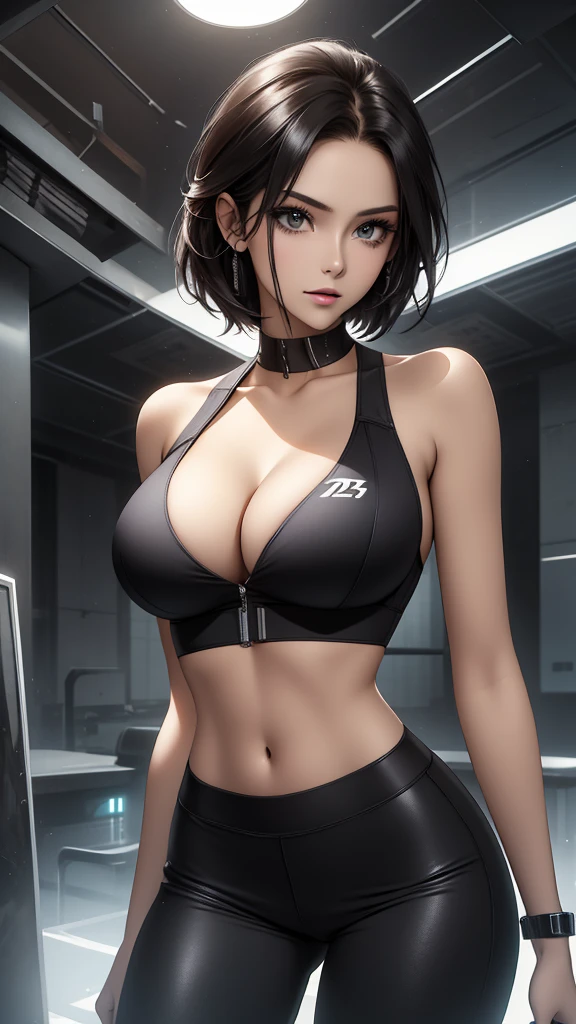 Futuristic, neon, Sexy, cool, young woman, bob hair, killer looks, sexy sports bra top, cleavage, perfect breasts, professional makeup, cool expression, charismatic, stunning, sensual, sexual