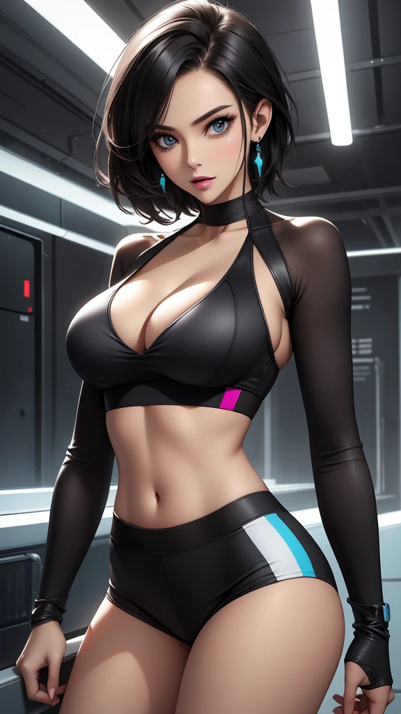 Futuristic, neon, Sexy, cool, young woman, bob hair, killer looks, sexy sports bra top, cleavage, perfect breasts, professional makeup, cool expression, charismatic, stunning, sensual, sexual