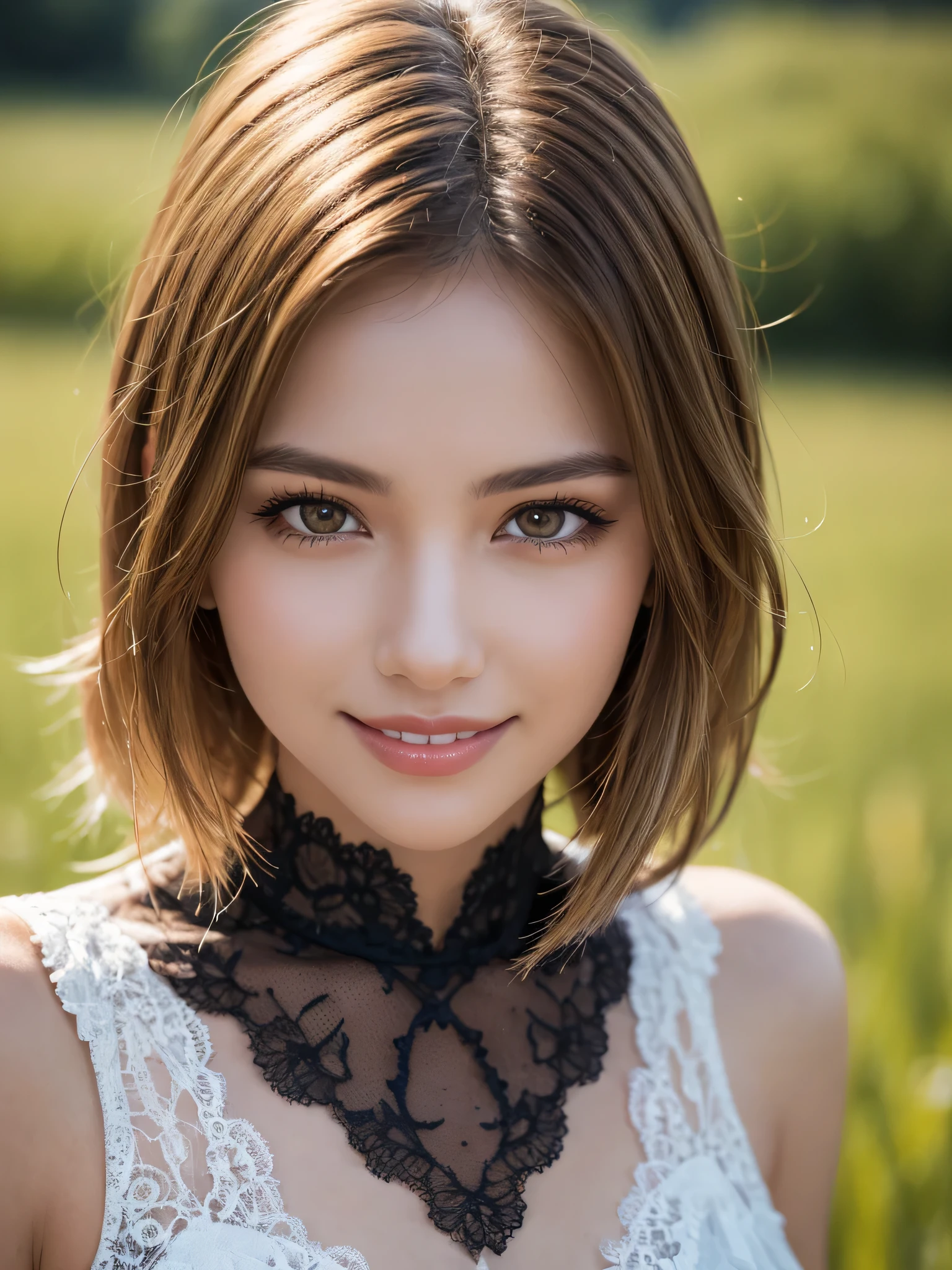 1Women, unique faces, (beautiful women, blonde hair), (smile:1.2), (beautiful lace costumes), (Best Quality:1.4), Realistic, extremely detailed CG unified 8k wallpaper, highly detailed, High-definition raw color photos, professional photography, Realistic portrait, Close up portrait of Women, Outdoors, Beautiful scenery, grassland, nature, vastness, elegance, Beautiful detailed, upper body photos, (Fine face:1.2),