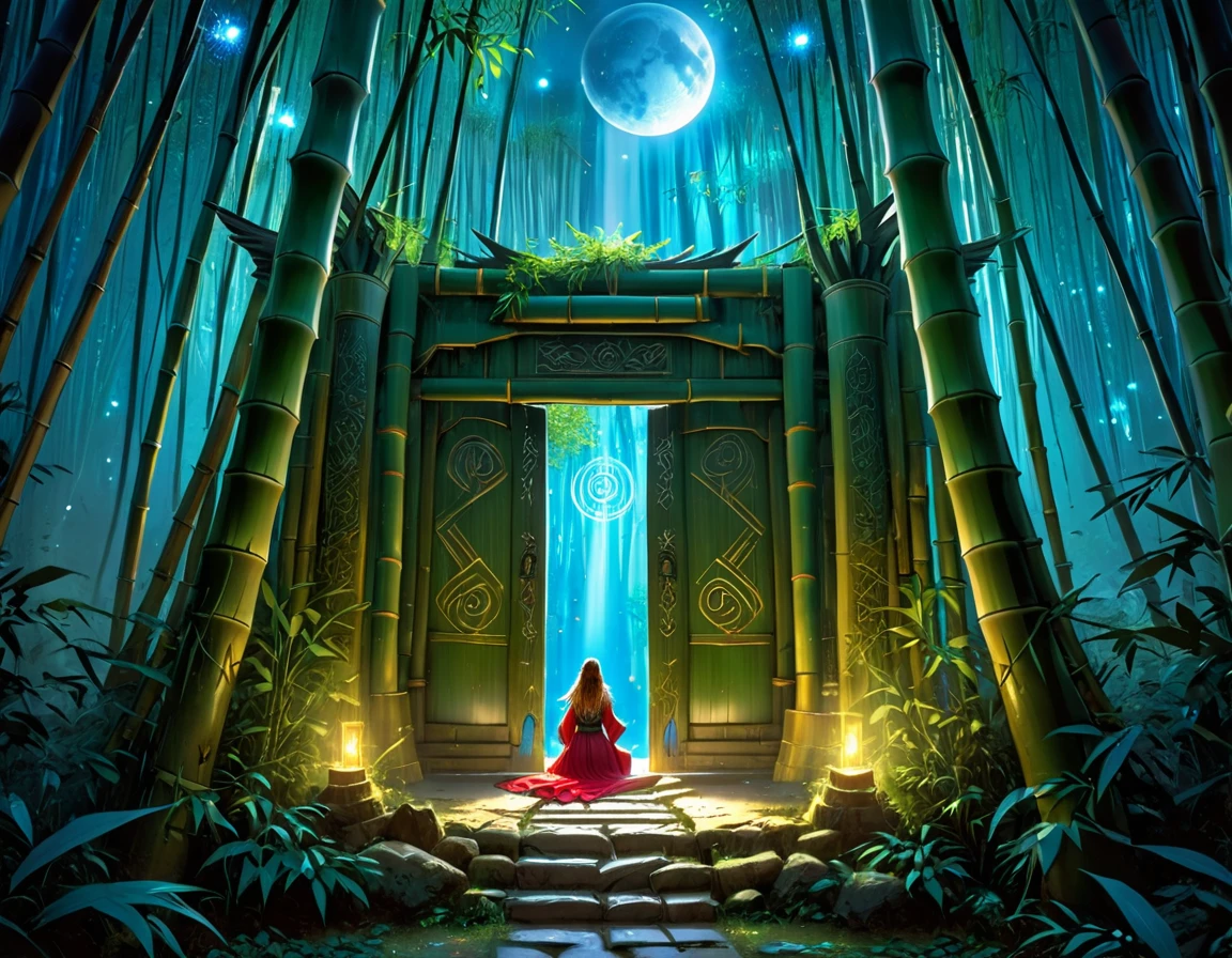  picture of a human sorceress sittings in (bamboo forest: 1.3), opening a large magical doorway, with magical runes on it, looking into the (heavens: 1.3), fantasy art, RPG art, an epic beautiful human woman, (ultra detailed face: 1.4)  dynamic hair color, dynamic hair style, dynamic eyes color, dynamic dress (best details, Masterpiece, best quality), bamboo, the magical doorway opens into the heavens and you can see angels flying, glowing arcane sigils GlowingRunes_paleblue, fantasy bamboo forest at night, moon light, moon rays, stars, Ultra-high resolution, High Contrast, (masterpiece:1.5), highest quality, Best aesthetics), 16K fantasy art, best details, best quality, highres, (ultra wide angle: 1.2), 16k, [ultra detailed], masterpiece, best quality, (extremely detailed), Cinematic Hollywood Film
