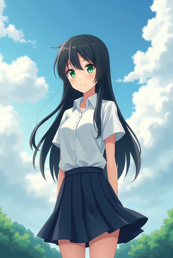 anime woman, by the wide, black hair, green eyes, student, short skirt, he would be, on a cloudy day, short sleeve student shirt