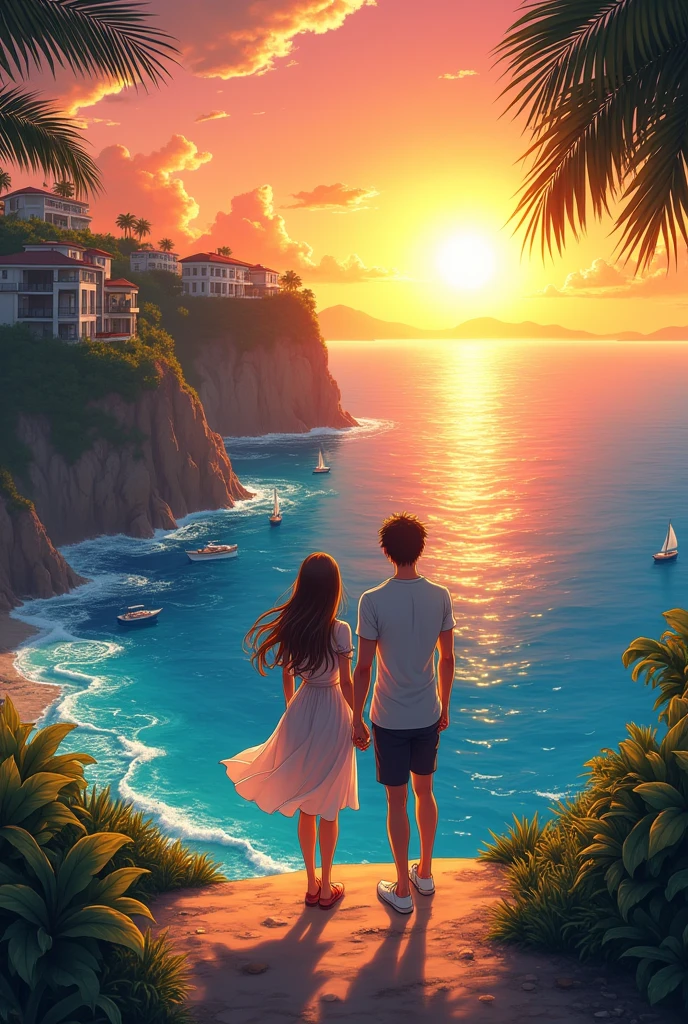 A anime inspired vibrant sunset scene on a picturesque coastal cliffside, where a couple is standing hand in hand, overlooking the ocean. The sun is large and bright, casting a golden-orange hue over the sky and reflecting a shimmering path of light on the water. The couple, wearing summer clothing, is gazing at the view. Below, waves gently crash against the rocky cliffs, and several small boats and sailboats can be seen in the water. Luxurious villas are perched on the cliffs, surrounded by lush greenery, and the scene is framed by palm leaves and tropical plants. The atmosphere is peaceful and romantic, with a sense of adventure in the scenic landscape.