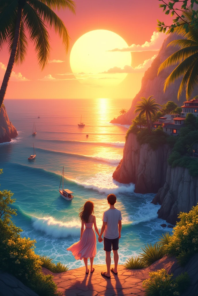 A anime inspired vibrant sunset scene on a picturesque coastal cliffside, where a couple is standing hand in hand, overlooking the ocean. The sun is large and bright, casting a golden-orange hue over the sky and reflecting a shimmering path of light on the water. The couple, wearing summer clothing, is gazing at the view. Below, waves gently crash against the rocky cliffs, and several small boats and sailboats can be seen in the water. Luxurious villas are perched on the cliffs, surrounded by lush greenery, and the scene is framed by palm leaves and tropical plants. The atmosphere is peaceful and romantic, with a sense of adventure in the scenic landscape.